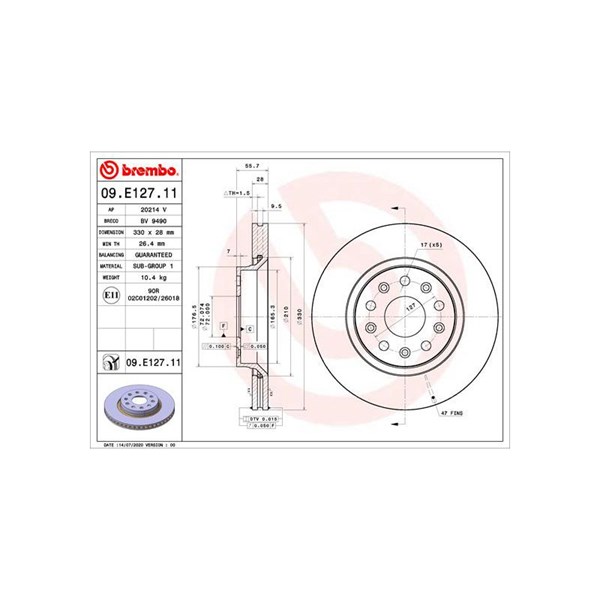 Bromsskiva Ventilerad, Framaxel Brembo 09.E127.11 BREMBO Bromsskiva Ventilerad, Framaxel Brembo 09.E127.11 BREMBO