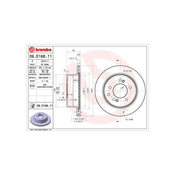 Bromsskiva Ventilerad, Bakaxel Brembo Coated disc line 09.E168.11 BREMBO