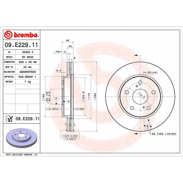 Bromsskiva Ventilerad, Framaxel Brembo 09.E229.11 BREMBO