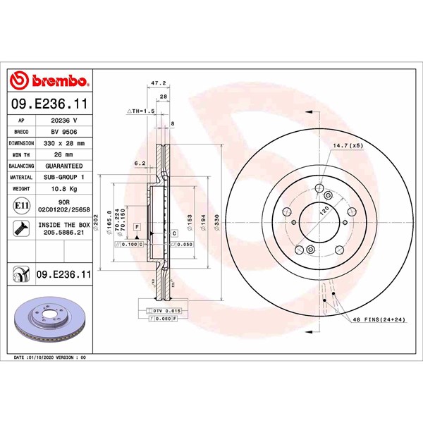 Bromsskiva Ventilerad, Framaxel Brembo 09.E236.11 BREMBO