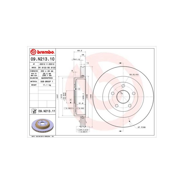 Bromsskiva Ventilerad, Bakaxel Brembo Coated disc line 09.N213.11 BREMBO