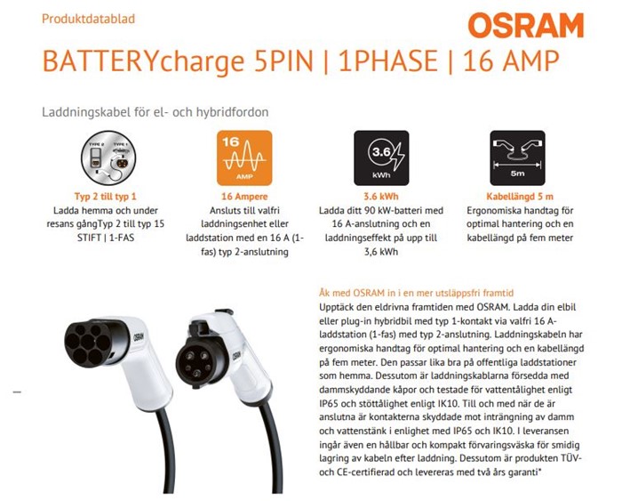 Laddkabel Osram elbil Typ 1 32A, Fas-1, Universal Osram OCC11605 OSRAM