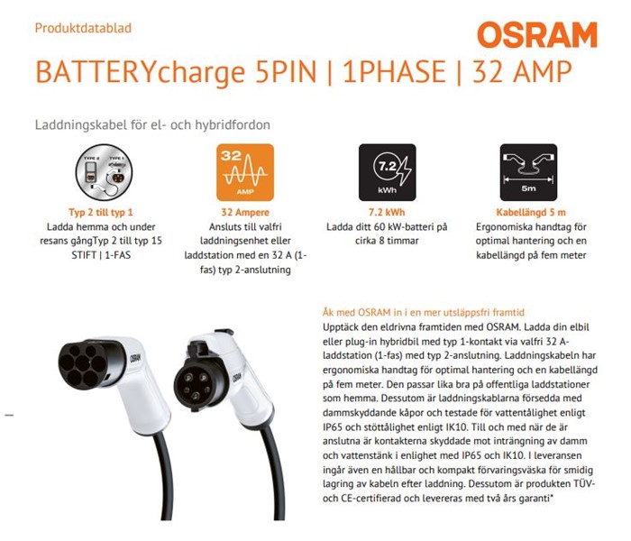 Laddkabel Osram elbil Typ 1 32A, Fas-1, Universal Osram OCC13205 OSRAM