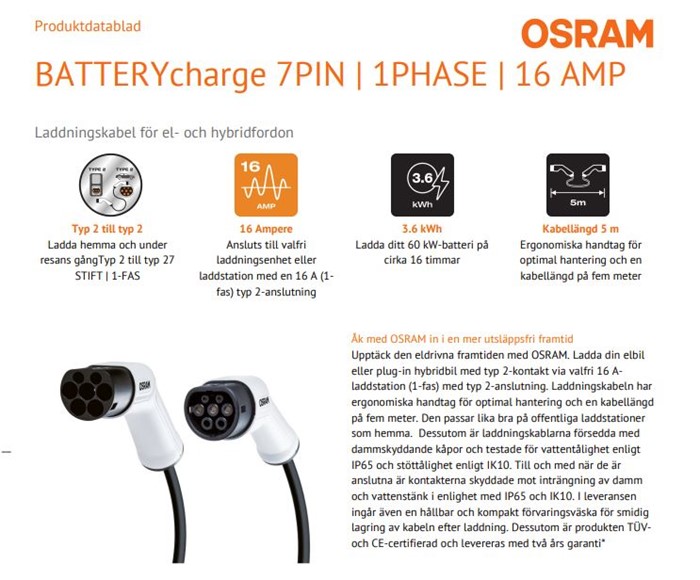 Laddkabel Osram elbil Typ 2 16A, Fas-1, Universal Osram OCC21605 OSRAM