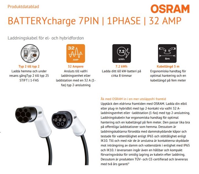Laddkabel Osram elbil Typ 2 32A  1-Fas 5M 7.2 Kw 240V Osram OCC23 OSRAM