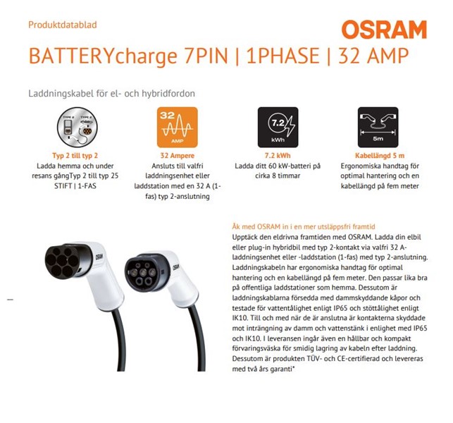 Laddkabel  Osram elbil Typ 2 32A, Fas-3, Universal Osram OCC23P05 OSRAM