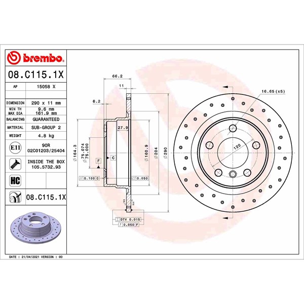 Bromsskiva Solid, Bakaxel Brembo Brembo xtra line 08.C115.1X BREMBO