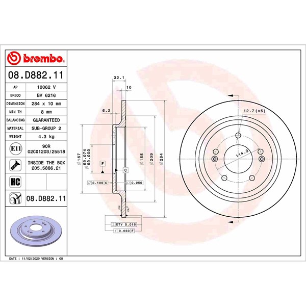 Bromsskiva Solid, Bakaxel Brembo Coated disc line 08.D882.11 BREMBO