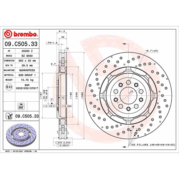 Bromsskiva Ventilerad, Framaxel Brembo 09.C505.33 BREMBO
