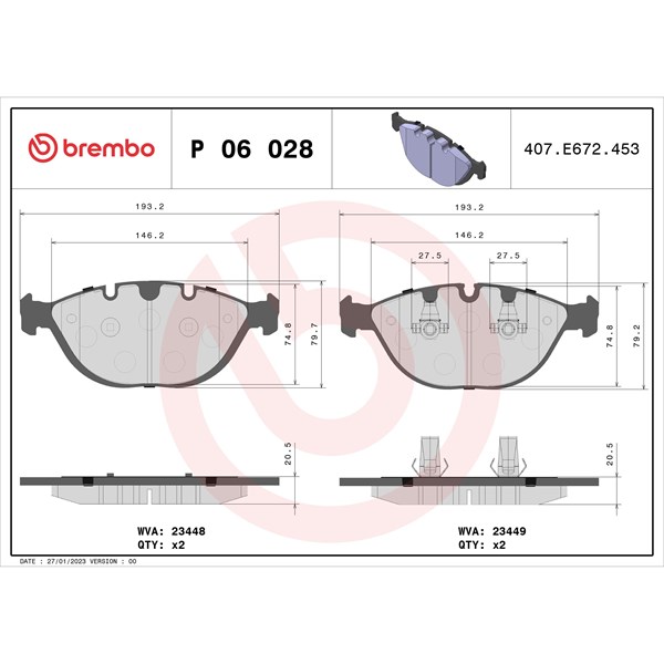 Bromsbeläggsats, Framaxel Brembo P 06 028 BREMBO