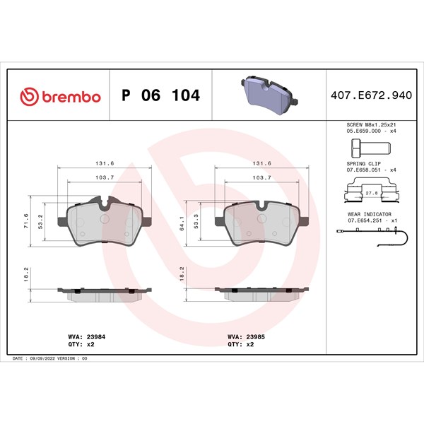 Bromsbeläggsats, Framaxel Brembo P 06 104 BREMBO