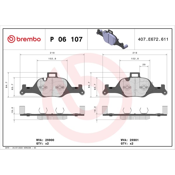 Bromsbeläggsats, Framaxel Brembo P 06 107 BREMBO
