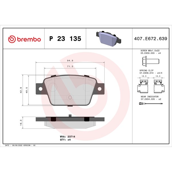 Bromsbeläggsats, Bakaxel Brembo P 23 135 BREMBO