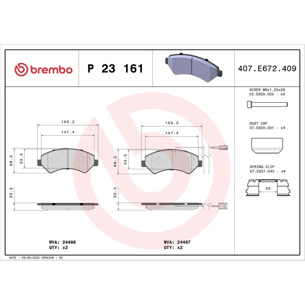 Bromsbeläggsats, Framaxel Brembo P 23 161 BREMBO