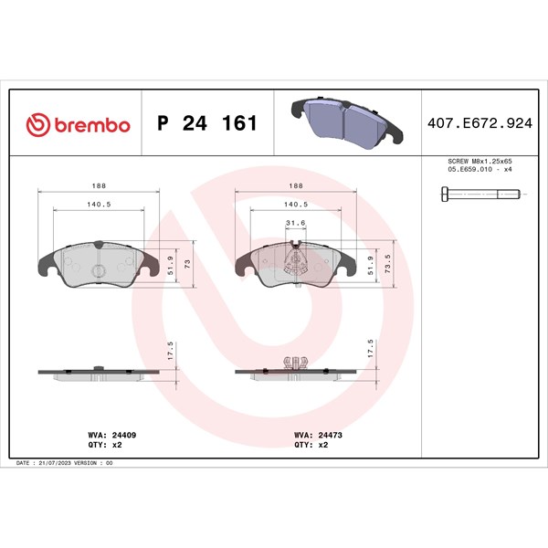 Bromsbeläggsats, Framaxel Brembo P 24 161 BREMBO