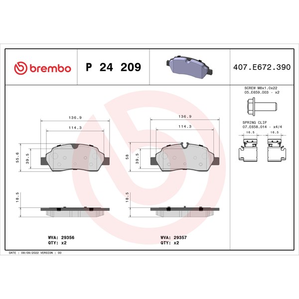 Bromsbeläggsats, Bakaxel Brembo P 24 209 BREMBO