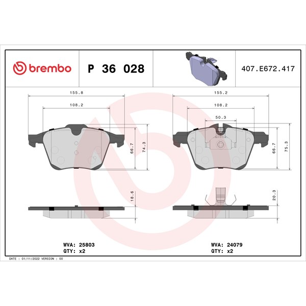 Bromsbeläggsats, Framaxel Brembo P 36 028 BREMBO