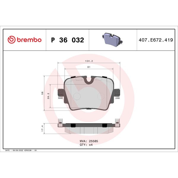 Bromsbeläggsats, Bakaxel Brembo P 36 032 BREMBO