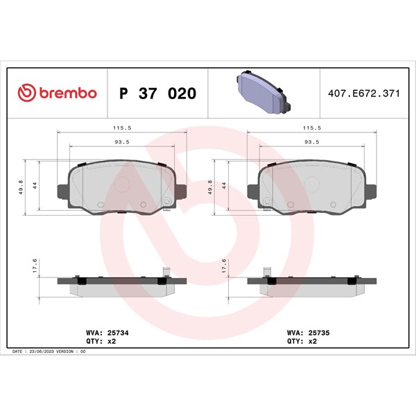 Bromsbeläggsats, Bakaxel Brembo P 37 020 BREMBO