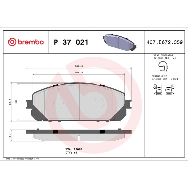 Bromsbeläggsats, Framaxel Brembo P 37 021 BREMBO