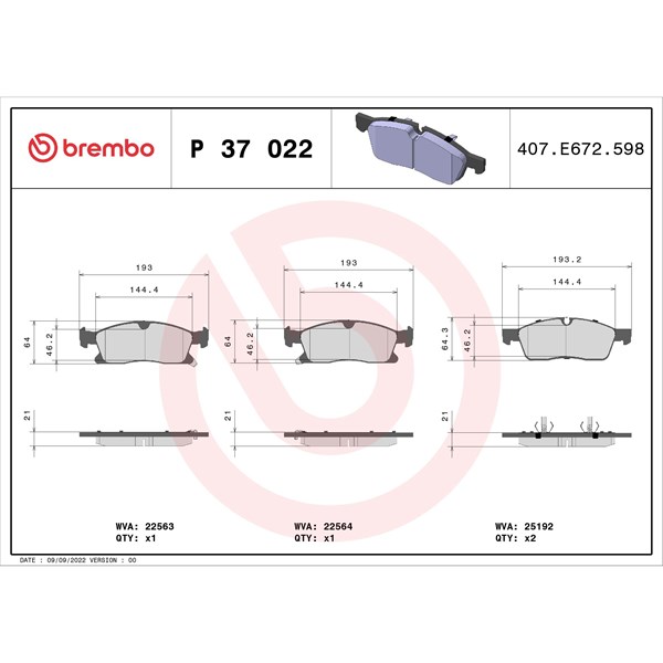 Bromsbeläggsats, Framaxel Brembo P 37 022 BREMBO
