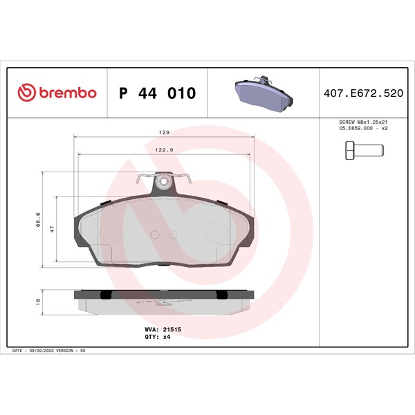 Bromsbeläggsats, Framaxel Brembo P 44 010 BREMBO