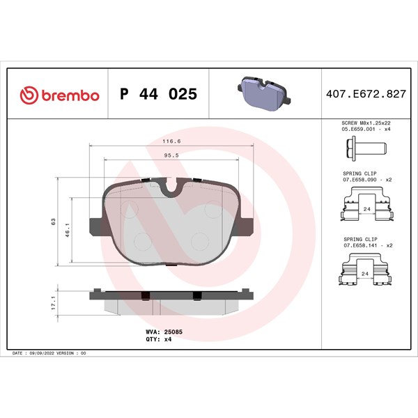 Bromsbeläggsats, Bakaxel Brembo P 44 025 BREMBO