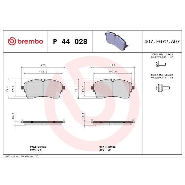 Bromsbeläggsats, Framaxel Brembo P 44 028 BREMBO
