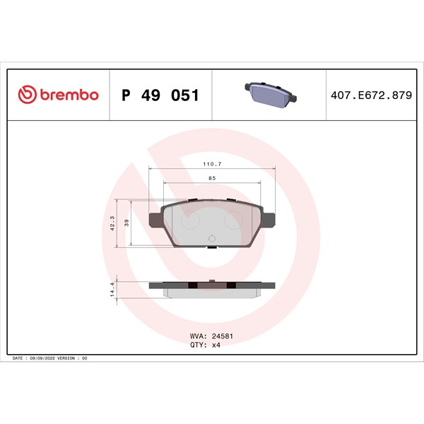 Bromsbeläggsats, Bakaxel Brembo P 49 051 BREMBO