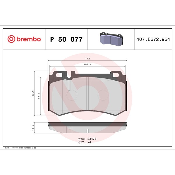 Bromsbeläggsats, Bakaxel Brembo P 50 077 BREMBO