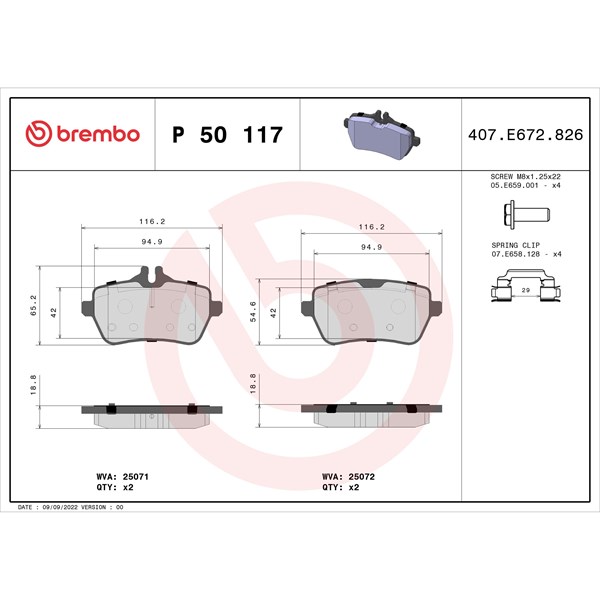 Bromsbeläggsats, Bakaxel Brembo P 50 117 BREMBO