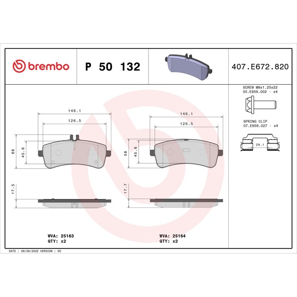 Bromsbeläggsats, Bakaxel Brembo P 50 132 BREMBO Bromsbeläggsats, Bakaxel Brembo P 50 132 BREMBO