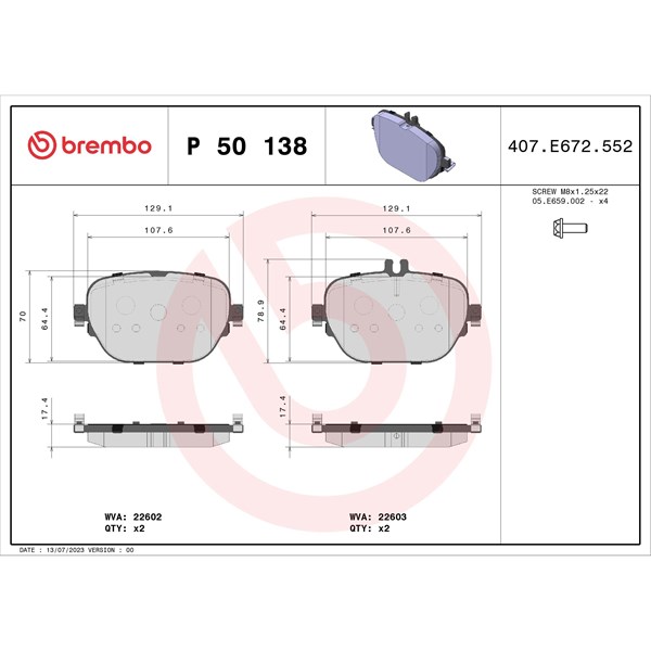 Bromsbeläggsats, Bakaxel BREMBO