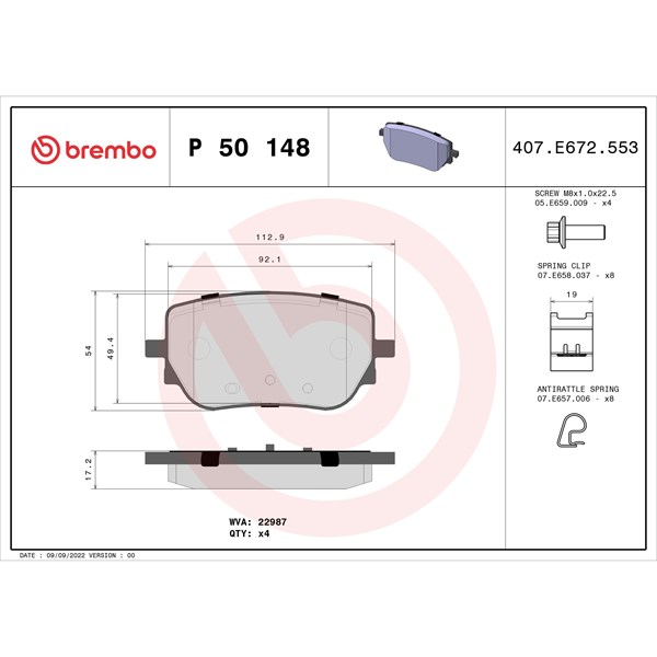 Bromsbeläggsats, Bakaxel Brembo P 50 148 BREMBO Bromsbeläggsats, Bakaxel Brembo P 50 148 BREMBO