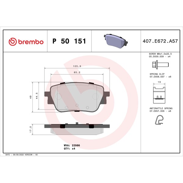 Bromsbeläggsats, Bakaxel BREMBO Bromsbeläggsats, Bakaxel BREMBO