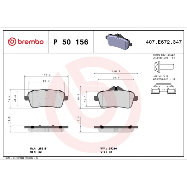 Bromsbeläggsats, Bakaxel Brembo P 50 156 BREMBO