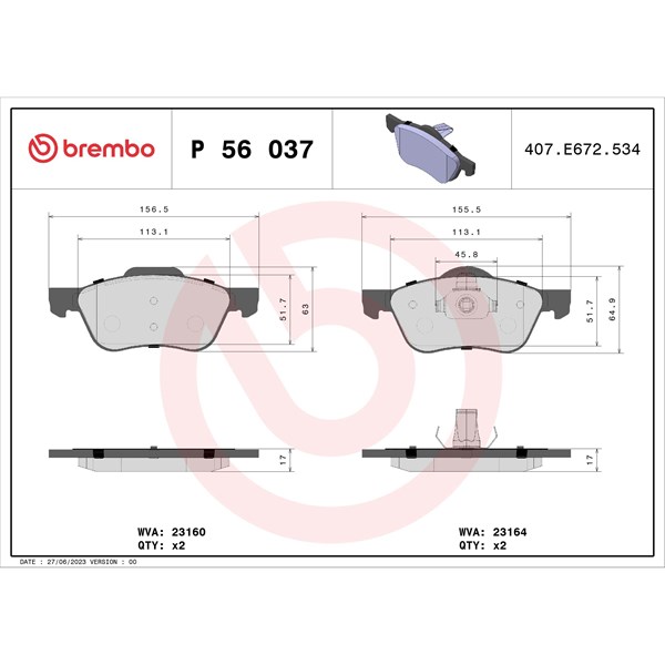Bromsbeläggsats, Framaxel Brembo P 56 037 BREMBO Bromsbeläggsats, Framaxel Brembo P 56 037 BREMBO