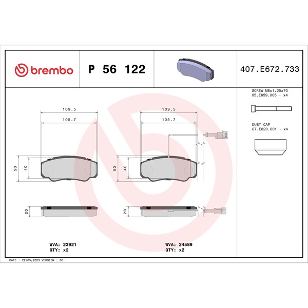 Bromsbeläggsats, Bakaxel Brembo P 56 122 BREMBO