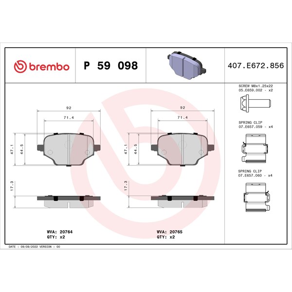 Bromsbeläggsats, Bakaxel Brembo P 59 098 BREMBO