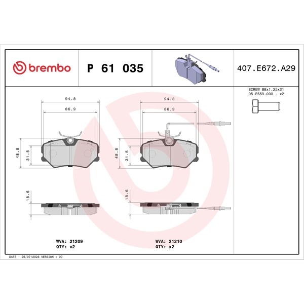 Bromsbeläggsats Ventilerad, Framaxel Brembo P 61 035 BREMBO