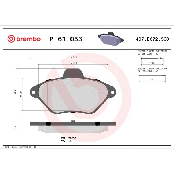Bromsbeläggsats, Framaxel Brembo P 61 053 BREMBO