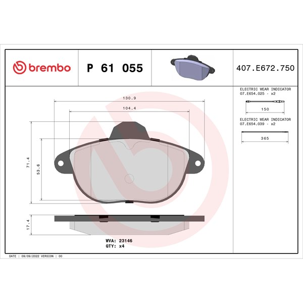 Bromsbeläggsats, Framaxel Brembo P 61 055 BREMBO
