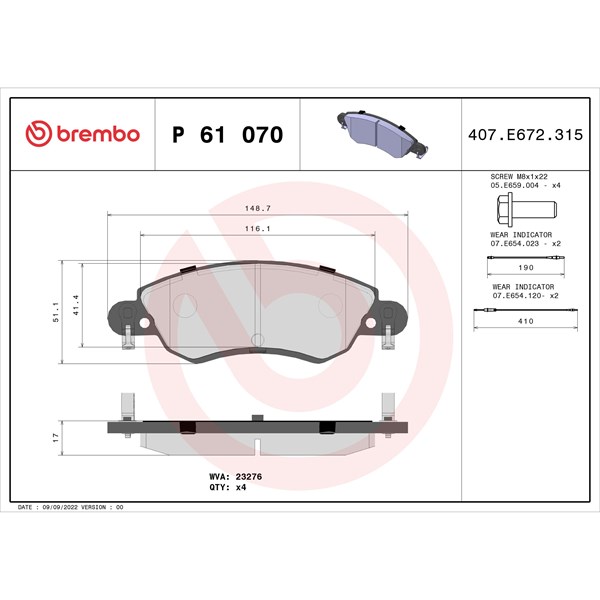 Bromsbeläggsats, Framaxel Brembo P 61 070 BREMBO