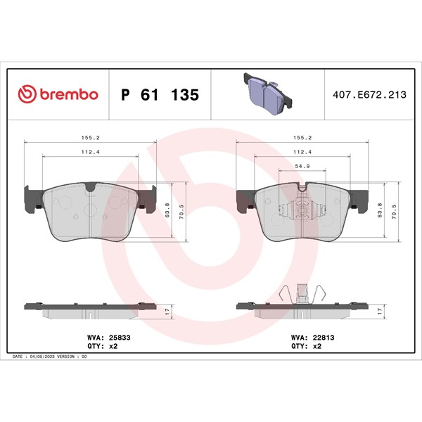 Bromsbeläggsats, Framaxel Brembo P 61 135 BREMBO