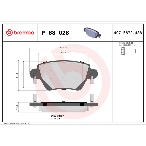 Bromsbeläggsats, Bakaxel Brembo P 68 028 BREMBO Bromsbeläggsats, Bakaxel Brembo P 68 028 BREMBO