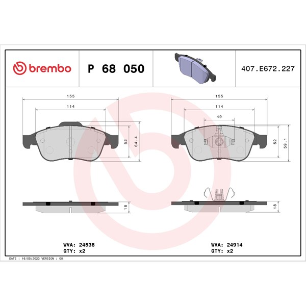 Bromsbeläggsats, Framaxel Brembo Brembo xtra line P 68 050X BREMBO