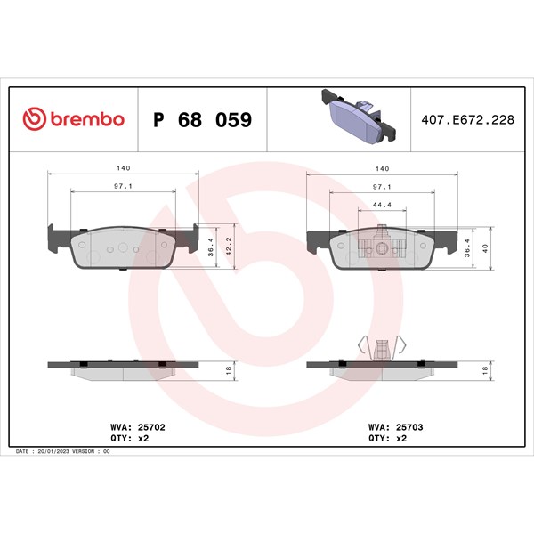 Bromsbeläggsats, Framaxel Brembo P 68 059 BREMBO