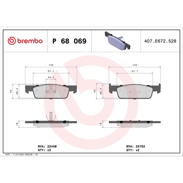 Bromsbeläggsats, Framaxel Brembo P 68 069 BREMBO