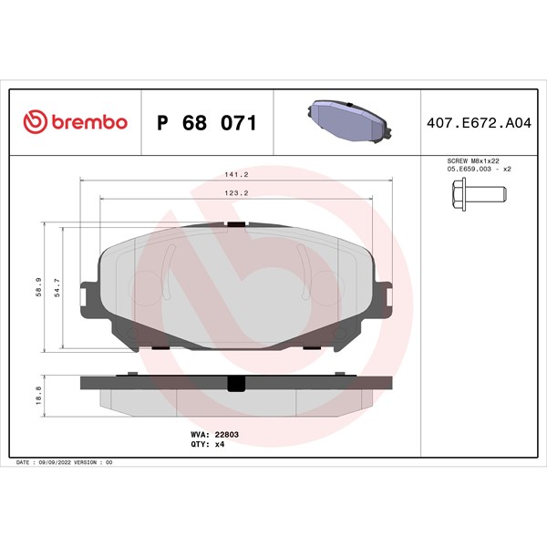 Bromsbeläggsats, Framaxel Brembo P 68 071 BREMBO