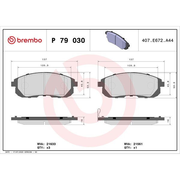 Bromsbeläggsats, Framaxel Brembo P 79 030 BREMBO